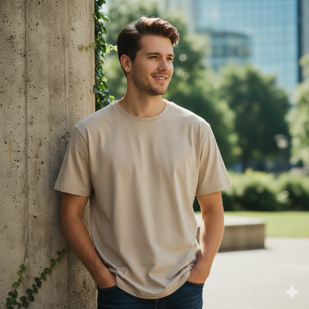 Eco-friendly-100%-katoen-waterdicht-T-shirt-Beige-vanTongeren-winkel-online